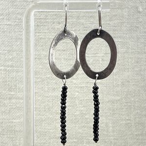 Oval Silver Tone Metal Dangling Drop Black Beads Earrings Pierced Drop Hook